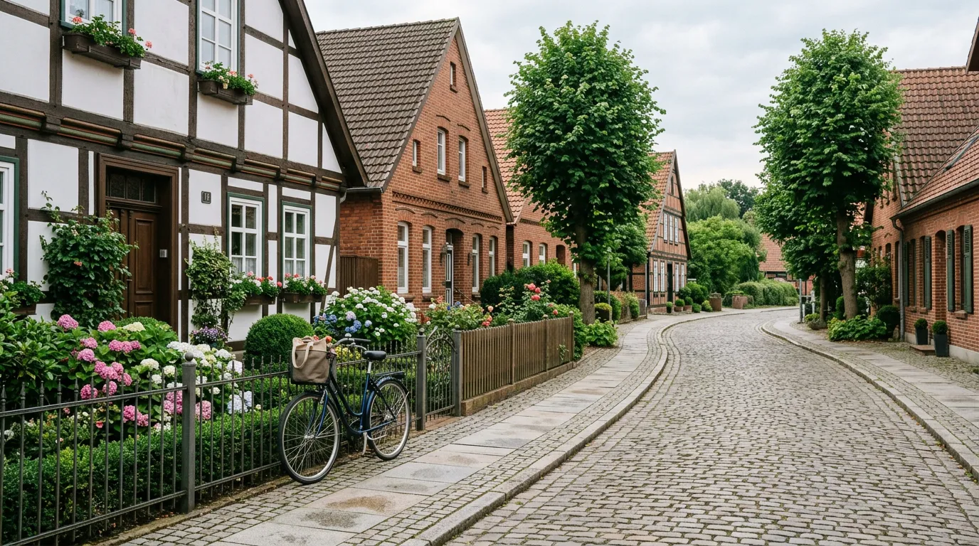 Ruhige Wohnstraße in Petershagen mit Backsteinhäusern und Vorgärten