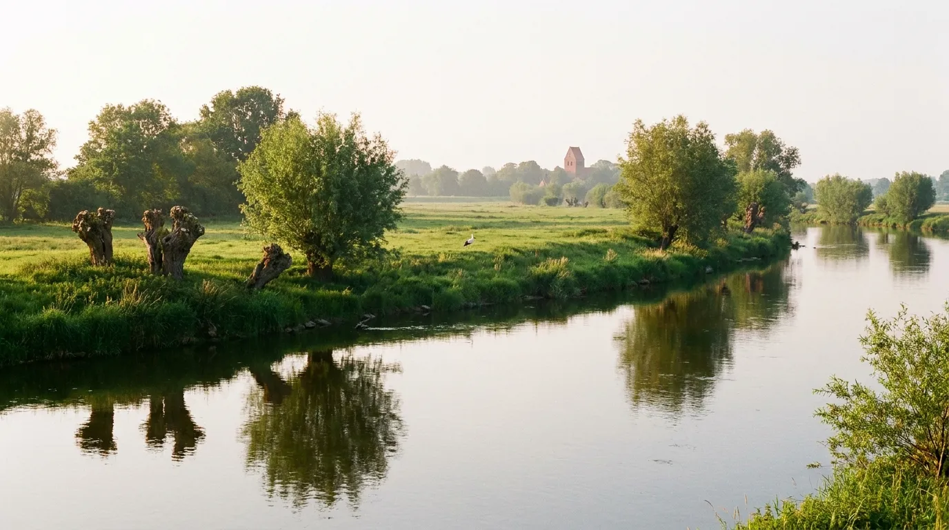 Die Weser bei Petershagen mit Wiesen und einem Storch im Abendlicht